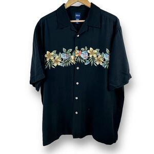 Basic Editions Black Cocktails Hawaiian Aloha Print Mens Shirt Size L‎